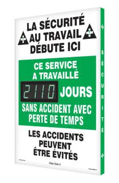 Digi-Day Electronic Safety Scoreboard, 28 X 20, Aluminum, This Department Has Worked _Days Without a Lost Time Accident (French)