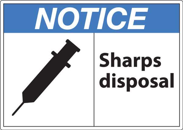 Notice Sharpes Disposal With Graphic Eco Health Safety Signs Available In Different Sizes and Materials