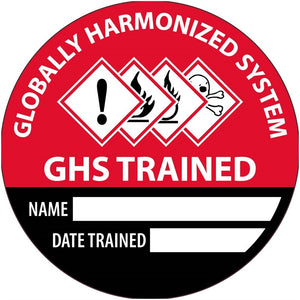 HARD HAT LABEL, GLOBALLY HARMONIZED SYSTEM GHS TRAINED NAME DATE TRAINED, 2" DIA, REFLECTIVE PS VINYL, 25/PK
