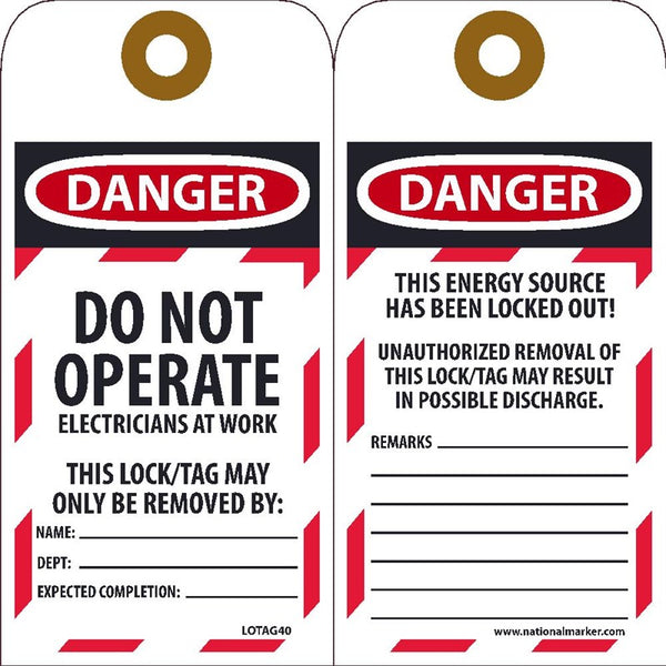 Danger Do Not Operate Electricians At Work Lockout Tags | LOTAG40