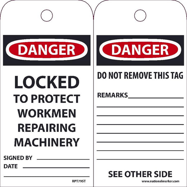 TAGS, DANGER, LOCKED TO PROTECT WORKMEN REPAIRING MACHINERY, 6X3, SYNTHETIC PAPER, 25/PK (HOLE)