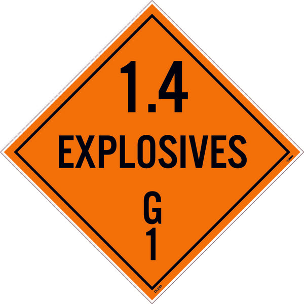 PLACARD, 1.4 EXPLOSIVES G1, 10.75X10.75, REMOVABLE PS VINYL, PACK 100