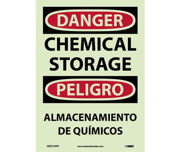 DANGER, CHEMICAL STORAGE, BILINGUAL, 14X10, GLO RIGID PLASTIC