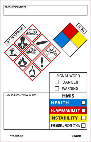 GHS SECONDARY CONTAINER LABELS, PICTO IMAGES, HMIS, NFPA,HAZARD/PRECAUTION INFO,3.5