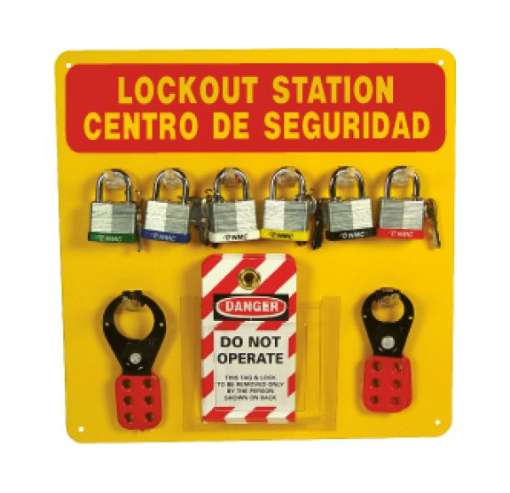 LOCKOUT CENTER, BILINGUAL, RED/YELLOW, BACKBOARD WITH HOOKS AND SUPPLIES, 14X14