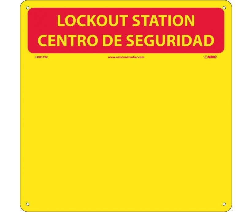 LOCKOUT CENTER, BILINGUAL, RED/YELLOW, BACKBOARD WITH HOOKS, 14X14