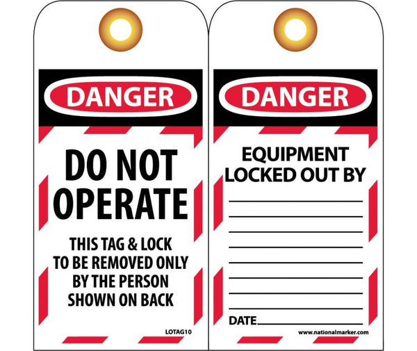 TAGS, LOCKOUT, DANGER DO NOT OPERATE THIS TAG & LOCK. . ., 6X3, UNRIP VINYL  GROMMET PACK OF 10