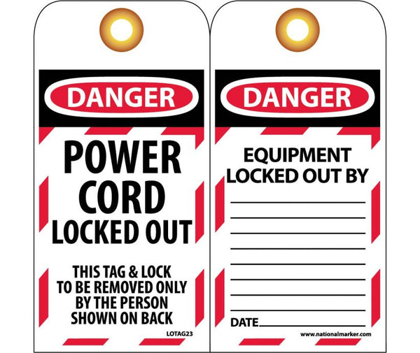 TAGS, LOCKOUT, DANGER POWER CORD LOCKED OUT . . ., 6X3, UNRIP VINYL   GROMMET PACK OF 10
