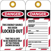 TAGS, LOCKOUT, DANGER THIS ENERGY SOURCE HAS BEEN LOCKED OUT. . ., 6X3, UNRIP VINYL    GROMMET PACK OF 10