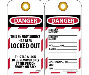TAGS, LOCKOUT, DANGER THIS ENERGY SOURCE HAS BEEN LOCKED OUT. . ., 6X3, UNRIP VINYL    GROMMET PACK OF 10