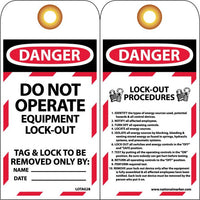 TAGS, LOCKOUT, DANGER DO NOT OPERATE. . ., 6X3, UNRIP VINYL GROMMET PACK OF 10