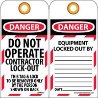 TAGS, LOCKOUT, DANGER, DO NOT OPERATE CONTRACTOR LOCK-OUT, 6X3, UNRIP VINYL, GROMMETS  10 PK