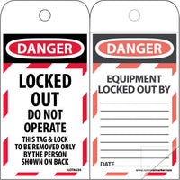 SELF LAMINATING TAGS, LOCKOUT, DANGER, LOCKED OUT DO NOT OPERATE, 6X3, POLYTAG, BOX OF 150