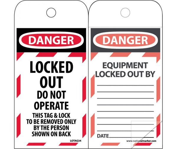 SELF LAMINATING TAGS, LOCKOUT, DANGER, LOCKED OUT DO NOT OPERATE, 6X3, POLYTAG, BOX OF 150