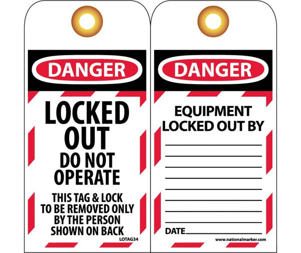 TAGS, LOCKOUT, DANGER, LOCKED OUT DO NOT OPERATE, 6X3, UNRIP VINYL,    GROMMET 10 PK