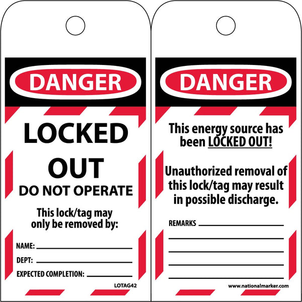 TAGS, LOCKOUT, DANGER, LOCKED OUT DO NOT OPERATE, 6X3, POLYTAG, BOX OF 250