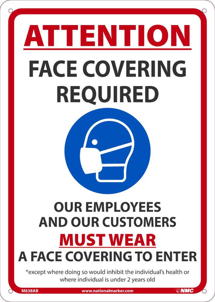 ATTENTION FACE COVERING REQUIRED SIGN, 14 X 10, .040 ALUMINUM