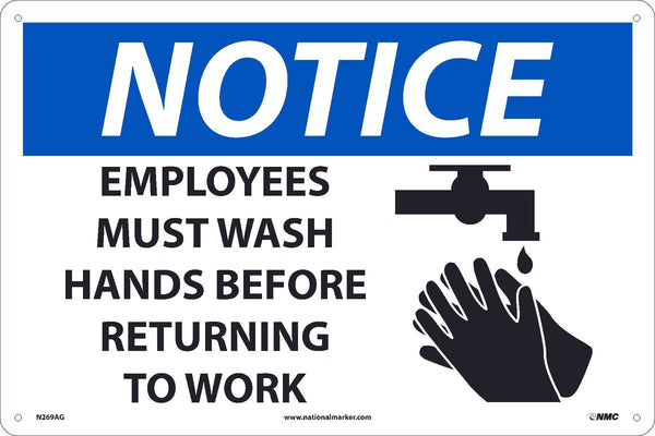 NOTICE, EMPLOYEES MUST WASH HANDS BEFORE RETURNING TO WORK, 12x18, .040 ALUM