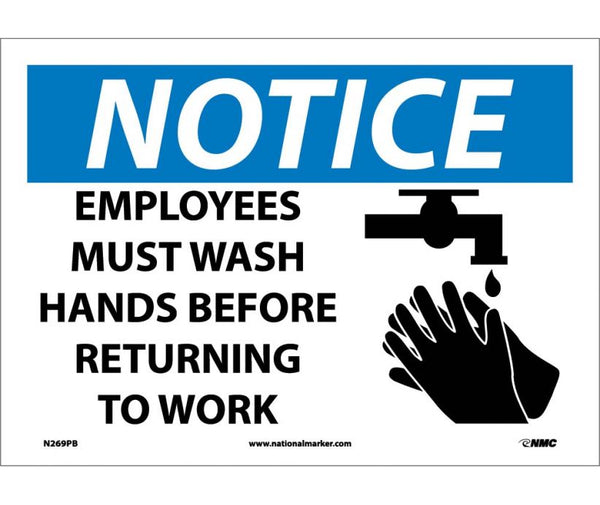 NOTICE, EMPLOYEES MUST WASH HANDS BEFORE RETURNING TO WORK, GRAPHIC, 10X14, PS VINYL