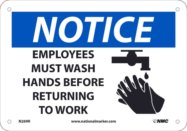 NOTICE, EMPLOYEES MUST WASH HANDS BEFORE RETURNING TO WORK, 7X10, .050 RIGID PLASTIC