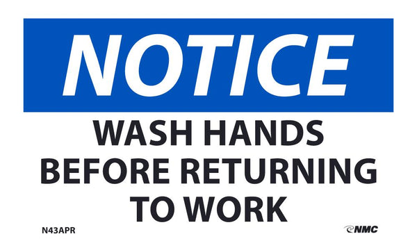 NOTICE, WASH HANDS BEFORE RETURNING TO WORK, 10X14, .040 ALUM