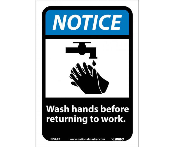 NOTICE, WASH HANDS BEFORE RETURNING TO WORK (W/GRAPHIC), 14X10, RIGID PLASTIC