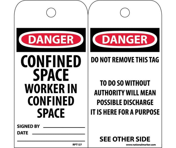 TAGS, CONFINED SPACE WORKER IN CONFINED SPACE, 6X3, .015 MIL UNRIP VINYL, 25 PK W/ GROMMET