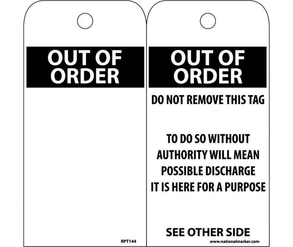 TAGS, OUT OF ORDER, BLANK, 6X3, .015 MIL UNRIP VINYL, 25 PK