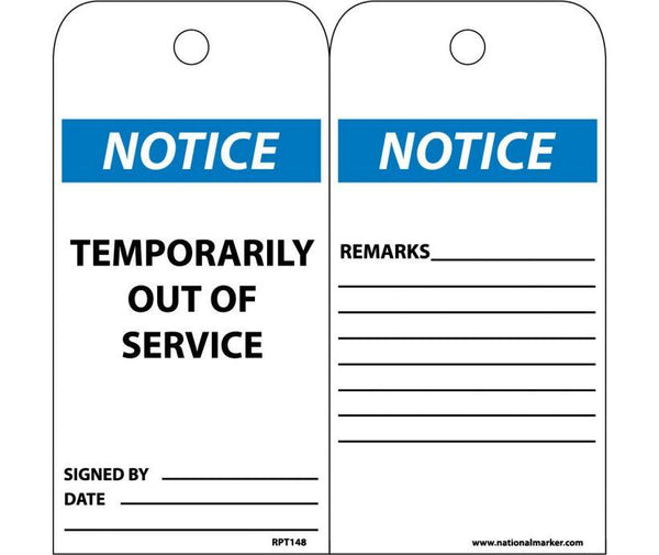 TAGS, TEMPORARILY OUT OF SERVICE, 6X3, .015 MIL UNRIP VINYL, 25 PK