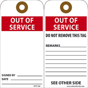 TAGS, OUT OF SERVICE, 25PK, 6X3, .015 UNRIPPABLE VINYL WITH GROMMET, ZIP TIES INCLUDED