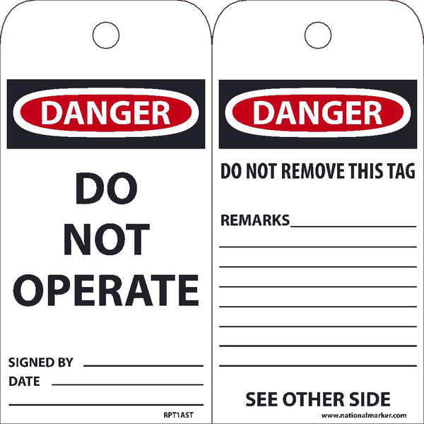 TAGS, DANGER DO NOT OPERATE TAG, 25PK, 6X3, .010 SYNTHETIC PAPER WITH 1 TOP CENTER HOLE, ZIP TIES INCLUDED