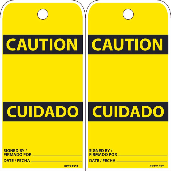 TAGS, CAUTION, BLANK, BILINGUAL, 25PK, 6X3, .010 SYNTHETIC PAPER WITH 1 TOP CENTER HOLE, ZIP TIES INCLUDED