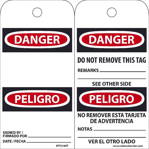 TAGS, DANGER, DO NOT REMOVE, BILINGUAL, 25PK, 6X3, .010 SYNTHETIC PAPER WITH 1 TOP CENTER HOLE
