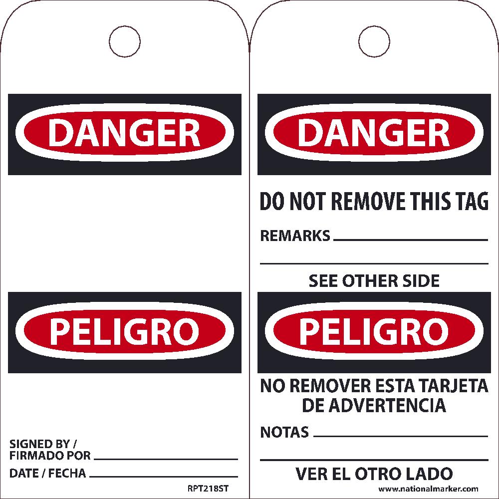 TAGS, DANGER, DO NOT REMOVE, BILINGUAL, 25PK, 6X3, .010 SYNTHETIC PAPER WITH 1 TOP CENTER HOLE