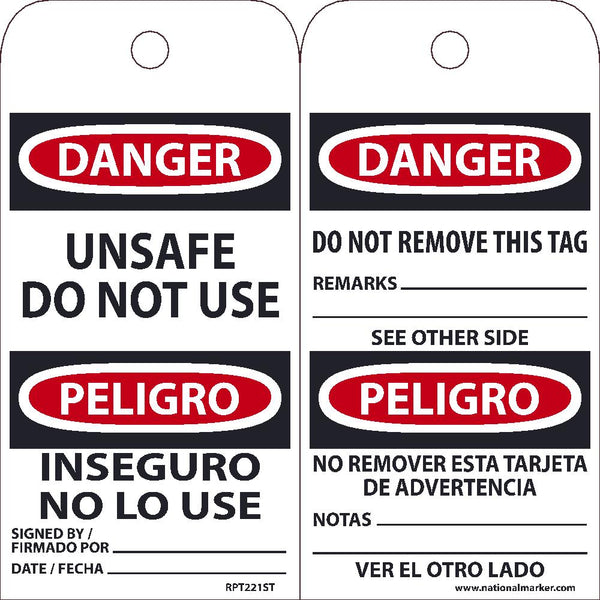 TAGS, DANGER, UNSAFE DO NOT USE, BILINGUAL, 25PK, 6X3, .010 SYNTHETIC PAPER WITH 1 TOP CENTER HOLE