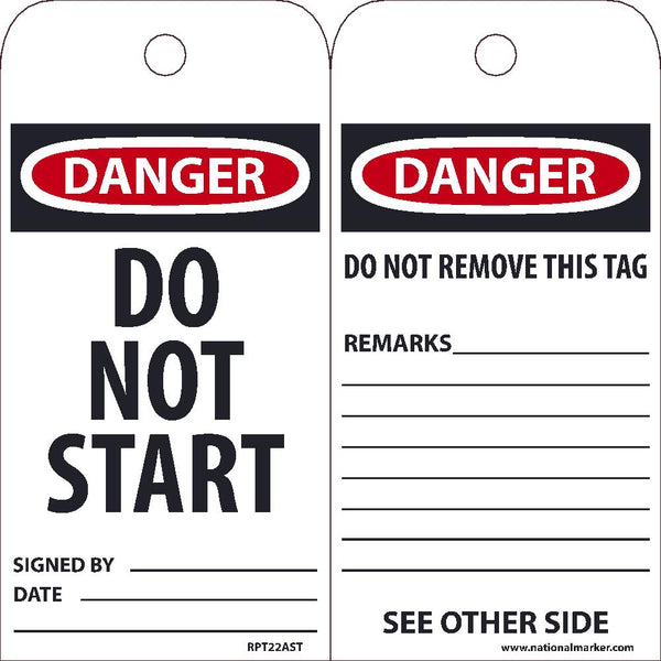 TAGS, DANGER DO NOT START TAG, 25PK, 6X3, .010 SYNTHETIC PAPER WITH 1 TOP CENTER HOLE, ZIP TIES INCLUDED