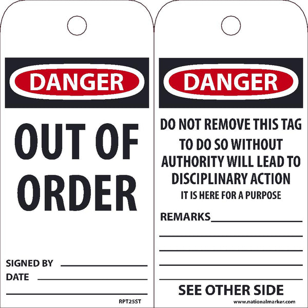 TAGS, DANGER OUT OF ORDER TAG, 25PK, 6X3, .010 SYNTHETIC PAPER WITH 1 TOP CENTER HOLE, ZIP TIES INCLUDED