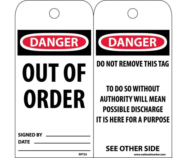 TAGS, DANGER OUT OF ORDER, 6X3, UNRIP VINYL, 25/PK