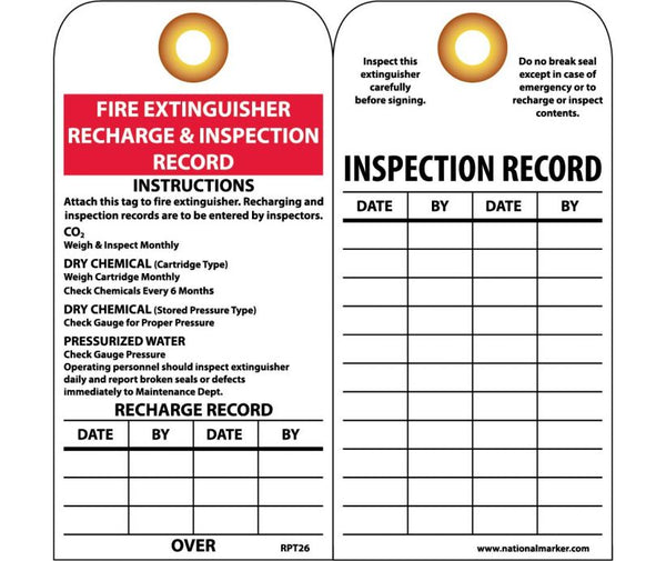 TAGS, FIRE EXTINGUISHER RECHARGE AND INSPECT., 6X3, UNRIP VINYL, 25/PK W/ GROMMET