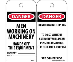 TAGS, DANGER MEN WORKING ON MACHINERY. . ., 6X3, UNRIP VINYL, 25/PK