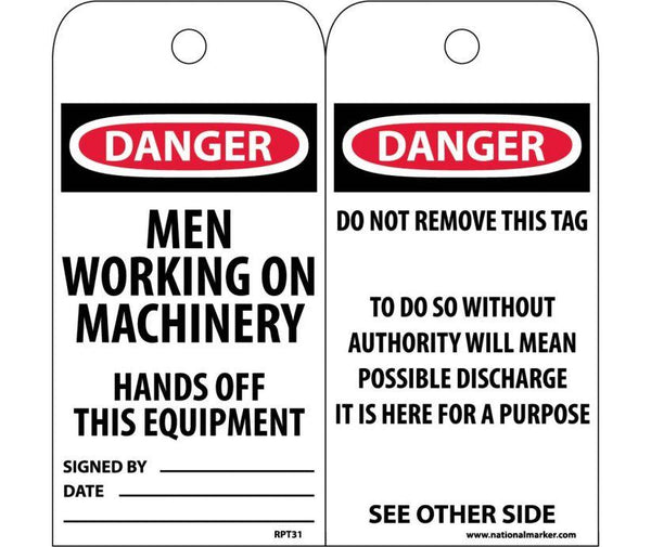 TAGS, DANGER MEN WORKING ON MACHINERY. . ., 6X3, UNRIP VINYL, 25/PK W/ GROMMET