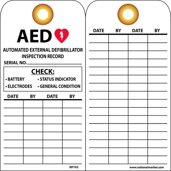TAGS, AED INSPECTION RECORD, 6 X 3, UNRIP VINYL, 25/PK, GROMMET