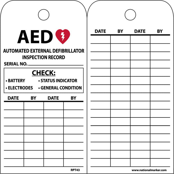 TAGS, AED INSPECTION RECORD, 6 X 3, UNRIP VINYL, 25/PK