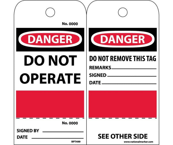 TAGS, DANGER DO NOT OPERATE, GROMMET, (PERFERATED/SEQUENTIAL NUMBER), 6X3, UNRIP VINYL, 25/PK