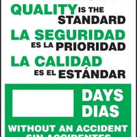 Bilingual Write-a-Day Scoreboards: Safety Is the Priority - Quality Is The Standard - _ Days Without An Accident - Accidents Are Avoidable - 28x20
