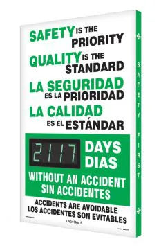 Digi-Day Electronic Safety Scoreboard, 28 X 20, Aluminum, Safety Is The Priority - Quality Is The Standard (English/Spanish)