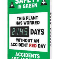 Digi-Day Electronic Safety Scoreboard, 28 X 20, Aluminum, Safety Is Green - This Plant Has Worked _Days Without An Accident Red Day - Accidents Are Avoidable