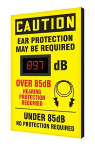 Decibel Meter Sign, CAUTION EAR PROTECTION MAY BE REQUIRED DB, 20" x 12" x 1",  Aluminum