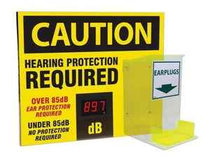 Decibel Meter Sign, CAUTION HEARING PROTECTION REQUIRED OVER 85DB EAR PROTECTION REQUIRED, 20" x 24", Aluminum with Dispenser
