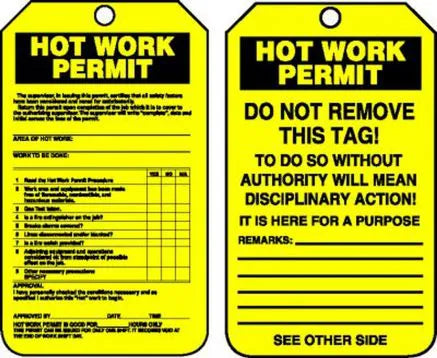 Inspection Tag, HOT WORK PERMIT, 5.75